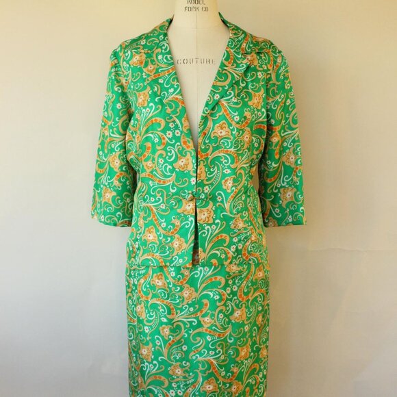 Vintage 1960s Suit, Green and Gold Silk Jacket and Skirt with Pockets, Two Piece - Picture 4 of 10